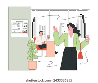 Indoor air quality. Employees enjoy a well-ventilated workspace with a digital air quality monitoring device ensuring a healthy work environment. Flat vector illustration.