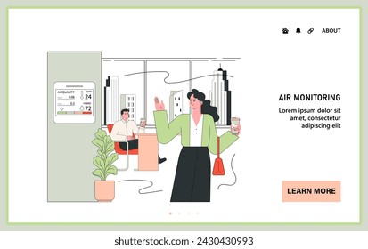 Indoor air quality web or landing. Employees enjoy a well-ventilated workspace with a digital air quality monitoring device ensuring a healthy work environment. Flat vector illustration.