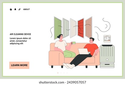 Indoor air quality web or landing. Couple enjoying clean air, relaxing at home with air purifier and a digital air quality monitoring device ensuring a healthy environment. Flat vector illustration.