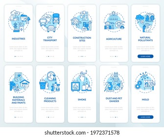 Indoor and ambient air pollutants onboarding mobile app page screen with concepts set. Contagion walkthrough 5 steps graphic instructions. UI, UX, GUI vector template with linear color illustrations