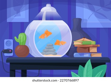 Indoor aquarium. Cartoon room interior with fish pet tank under lamp on table, acquariam drawer for small sea fishes, lighting furniture decoration, neat vector illustration of aquarium interior fish