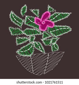 Indoor blossomed plant in pot in contrast colors. Vector illustration for poster, fashion t shirt, textile design, all over printing. Digital craft style - embroidery, darn fabric.