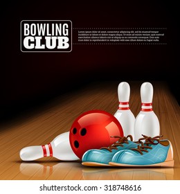 Indoor bowls club poster for members and visitors with shoes ball and pins realistic colorful vector illustration
