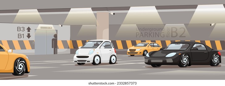 Indoor city garage. Infrastructure in modern city. Building underground parking. Empty slots for automobile. Urban transport carpark. Location for vehicles. Concept of concrete underground parking