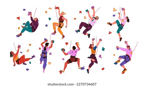 Indoor climb wall. Rock climbers. Mountaineering fitness. Bouldering activity. Mountain sport and gym. Men and women doing exercises. Climbers workout. Vector illustration exact set