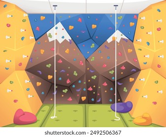 Indoor climbing park. Child bouldering gym with rock climbing cliff wall grips mats and ropes, kids sport climb workout game area playground cartoon room classy vector illustration authors graphics