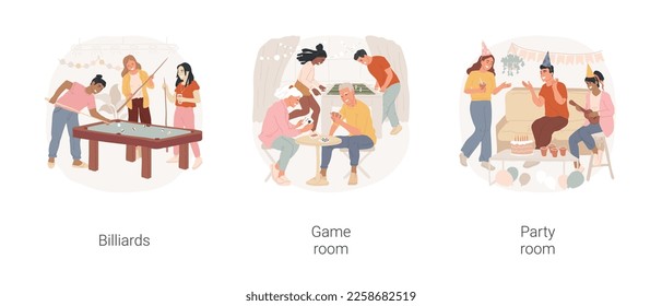 Indoor common facilities isolated cartoon vector illustration set. Diverse people play billiard, condo game room, community party room, celebrate birthday, indoor common area vector cartoon.