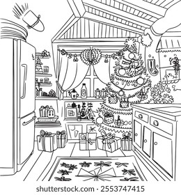 indoor decoration line art black and white christmas