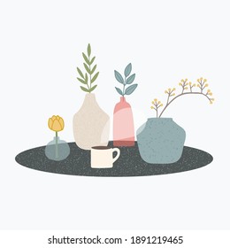 Indoor decorations with flowers and branches. A set of flower pots, vases and bottles. Morning coffee cup. Cute flat vector illustration. Everyday hygge.