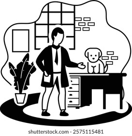 Indoor Doctor checking the Doggy at clinic vector icon design, Pet foster and hotel Symbol, kennel animals Sign, Human-animal interaction scene illustration, Puppy Sitting on Desk with Vet concept