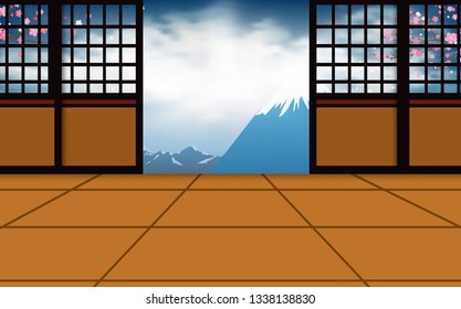 indoor dojo room with fuji mountain in japan 