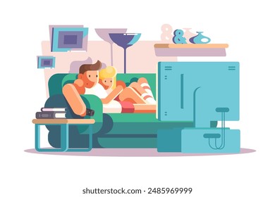 Configuración de entretenimiento en interiores. Ilustración vectorial de un ambiente interior acogedor con dos personas disfrutando del entretenimiento.