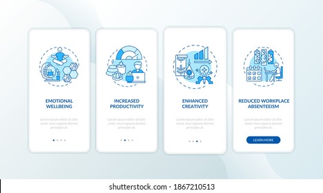 Indoor environment blue onboarding mobile app page screen with concepts. Reduced workplace absenteeism. Office walkthrough 5 steps graphic instructions. UI vector template with RGB color illustrations