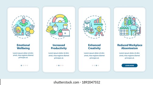Indoor environment onboarding mobile app page screen with concepts. Reduced workplace absenteeism. Office walkthrough 5 steps graphic instructions. UI vector template with RGB color illustrations