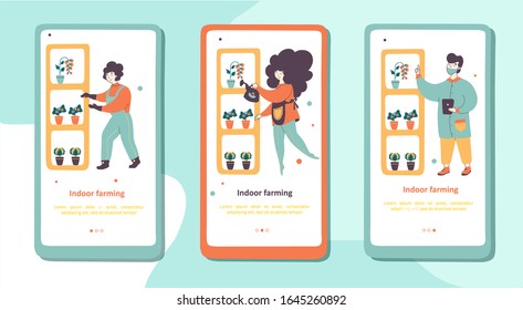 Indoor farming flat vector mobile pages set