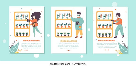 Indoor farming flat vector mobile pages set