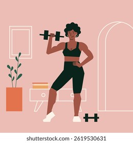 Ilustração de vetor de aptidão interior. Personagem plano - mulher musculosa negra com halteres. Estilo de vida saudável, conceito de exercícios internos.
