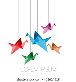 Indoor flight, Origami Birds start to fly in closed space. Vector Illustration