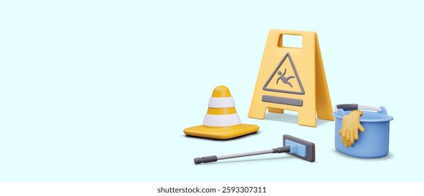 Indoor floor cleaning concept. Fencing equipment for wet areas, signal cone, bucket with gloves, mop. Vector mockup on blue background. Services of cleaning agency