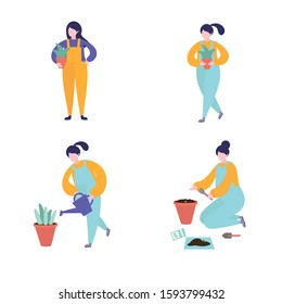 Indoor floriculture concept. Woman Gardener set. Care and cultivation of indoor plants. The woman prepares the ground for transplanting. Trendy flat vector illustration