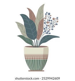 Indoor flower in a pot in boho style. Vector illustration isolated on white background.