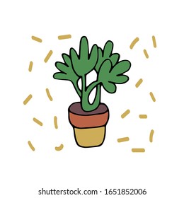 indoor flower in a pot. Hand-drawn vector stock illustration. white isolated background. sticker, icon. flowers for the interior, batanika. home flower palm, cactus, succulent