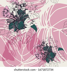 Flor violeta interior. Patrón vectorial sin problemas. Dibujo manual. Esbozo.
