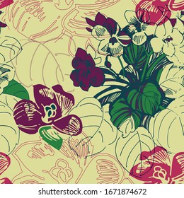 Indoor flower violet. Seamless vector pattern. Hand drawing. Sketch.