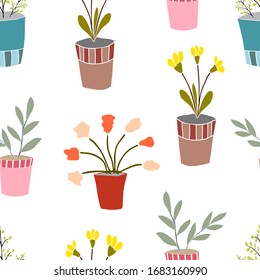 Indoor flowers in cute pots. Vector seamless pattern. Design for wrapping, print, wallpaper. 