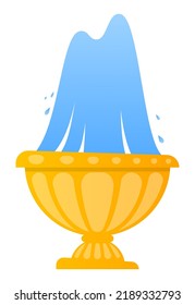 Indoor fountain - modern flat design style single isolated image. Neat detailed illustration of gold bowl in antique style with blue jets of water. Beautiful decoration, classic statue, architecture