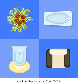 Indoor furniture icons with black and white armchair, bathtub, toilet with carpet and flower vector illustration on blue background