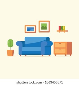 Indoor Furniture interior set collection. sofa, indoor plant, book, drawer, picture frame Flat style vector illustration