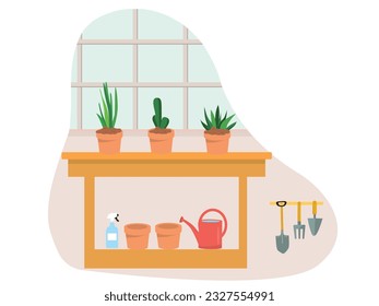 Indoor garden interior with equipment spray, pots, watering can, trowel, shovel, hoe. To care for plants at home. Design. Themes. Vector flat illustration