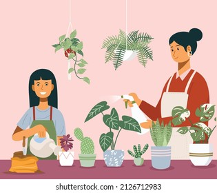 Indoor garden, Mother and daughter watering plants at home. Vector