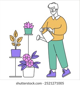 Indoor Gardening concept. A content man tending to his houseplants with a watering can. Home relaxation and plant care routine. Vector illustration.