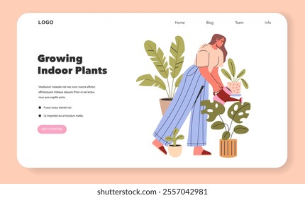 Indoor Gardening concept. A serene scene showcasing a person attentively watering houseplants, embodying the joy of indoor hobbies. Vector illustration.