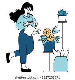 Concepto de jardinería interior. Una mujer riega alegremente las plantas en su casa, nutriendo su vegetación en macetas. Rutina diaria, cuidados personales y naturaleza en interiores. Ilustración vectorial.