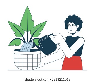 Indoor gardening flat line vector spot illustration. Curly hair woman watering houseplant with can 2D cartoon outline character on white for web UI design. Editable isolated colorful hero image