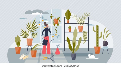 Indoor gardening and flower plant growing as green hobby tiny person concept. Modern lifestyle with plant seedling, watering and sapling as part or female residential environment vector illustration.