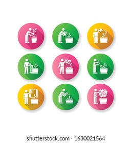 Indoor gardening stages flat design long shadow glyph icons set. Houseplant caring. Repotting, watering. Fertilizing, spraying. Propagating flowers. Silhouette RGB color illustration