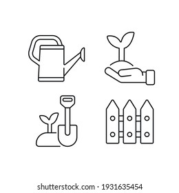 Indoor gardening tools and materials linear icons set. Garden inventory, equipment. Customizable thin line contour symbols. Isolated vector outline illustrations. Editable stroke