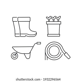 Indoor gardening tools and materials linear icons set. Garden inventory, equipment. Customizable thin line contour symbols. Isolated vector outline illustrations. Editable stroke