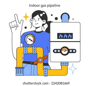 Indoor gas pipeline. Natural gas transportation stage. Natural resource extraction industry. Fossil fuel and eco-friendly energy concept. Flat vector illustration