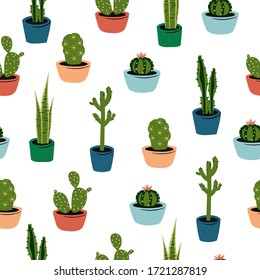 Indoor Green Plants In Pots. Vector Seamless  Patern. Hand Drawn Print On White Background.