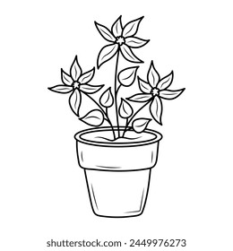 Zimmerpflanze mit Blumen in einem Topf. In: Line Art Doodle Houseplant. Malbuch für Kinder.