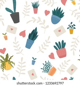 Indoor home plants in ceramic pots seamless pattern. Love and romantic vector background, cute Scandinavian flat cartoon style. Potted plants, hearts, envelopes and foliage colourful design. 
