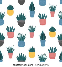 Indoor home plants in ceramic pots seamless pattern. Vector background, cute Scandinavian flat cartoon style. Potted flowers and sprouts colourful design. 