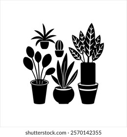 Indoor home plants in pots vector silhouette