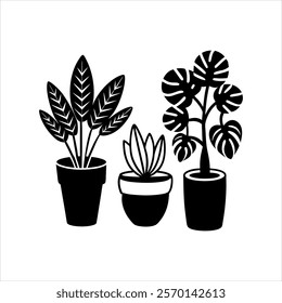 Indoor home plants in pots vector silhouette design