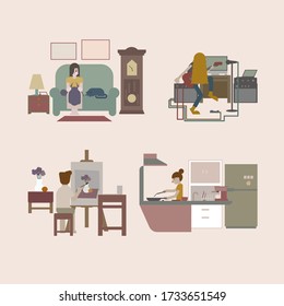 Indoor home quarantine activity vector set